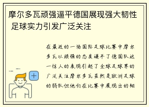 摩尔多瓦顽强逼平德国展现强大韧性 足球实力引发广泛关注