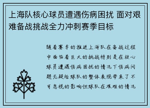 上海队核心球员遭遇伤病困扰 面对艰难备战挑战全力冲刺赛季目标