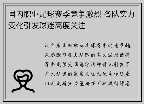 国内职业足球赛季竞争激烈 各队实力变化引发球迷高度关注