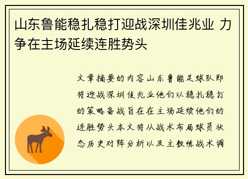 山东鲁能稳扎稳打迎战深圳佳兆业 力争在主场延续连胜势头